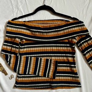 Off-The-Shoulder Ribbed Striped Shirt